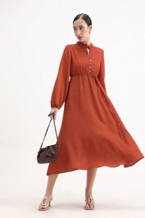 Rareism Women's Aviure Rust Polyester Band Collar Fit And Flare Plain Midi Dress