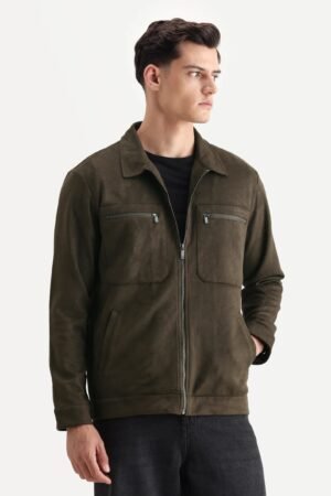 Rare Rabbit Men's Bax-25 Dark Olive Polyester Blend Plain Relaxed Fit Full Sleeve Spread Collar Jacket