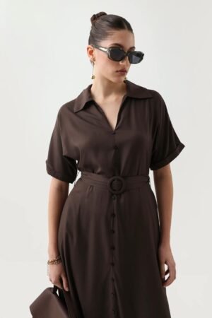 Rareism Women's Elate Brown Viscose Johnny Collar A-Line Plain Midi Dress