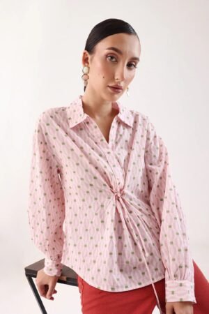 Rareism Women's Eldan Pink Cotton Collared Neck Relaxed Fit Top