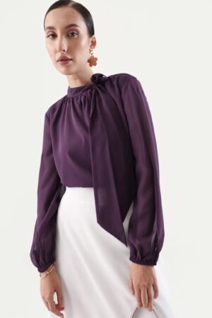 Rareism Women's Elden Maroon Polyester Tie-Up Neck Regular Fit Plain Top