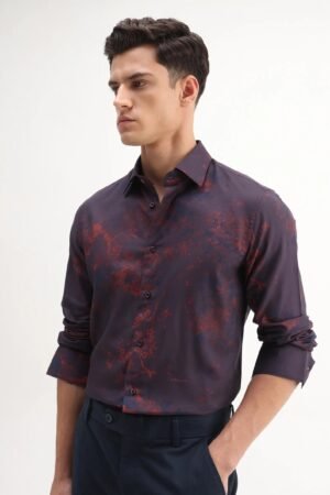 Rare Rabbit Men's Luri Purple Viscose Floral Print Regular Fit Full Sleeve Collared Shirt