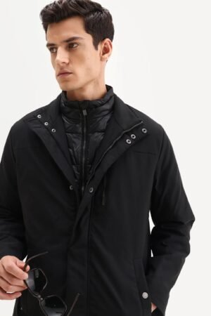 Rare Rabbit Men's Macaw-25 Black Polyester Plain Regular Fit Full Sleeve High Neck Jacket