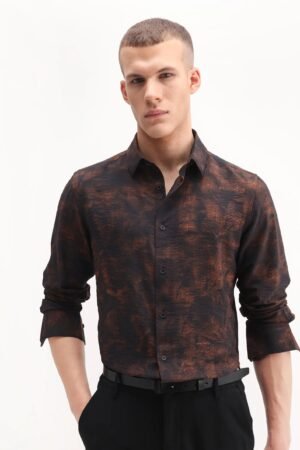 Rare Rabbit Men's Retro Dusky Brown Viscose Blend Abstract Print Regular Fit Full Sleeve Collared Shirt