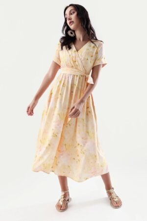 Rareism Women's Elavi Yellow Viscose Overlap Neck Flared Printed Midi Dress